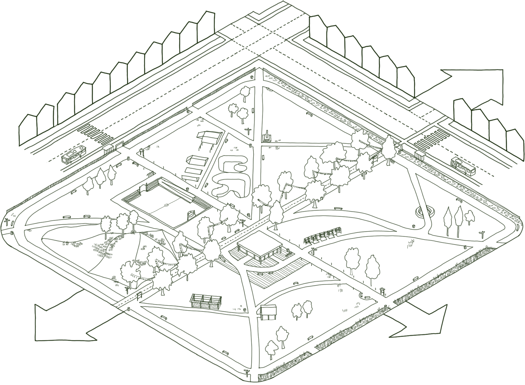 An isometric sketch of a park with trees, paths, benches, and a playground.